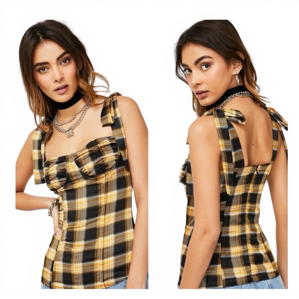 Lioness Plaid Corset Top NWT Yellow Black Tie Strap Bustier Size Small